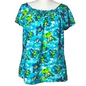 Dress Barn Tropical Top Short Flutter Sleeve Blouse Square Neck Blue Green XL
